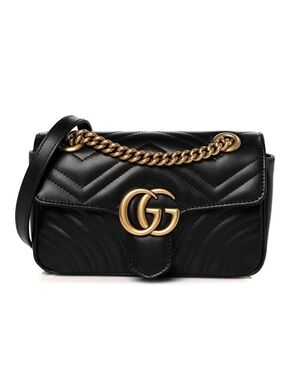 Black Gucci Leather Shoulder Bag with Gold Chain